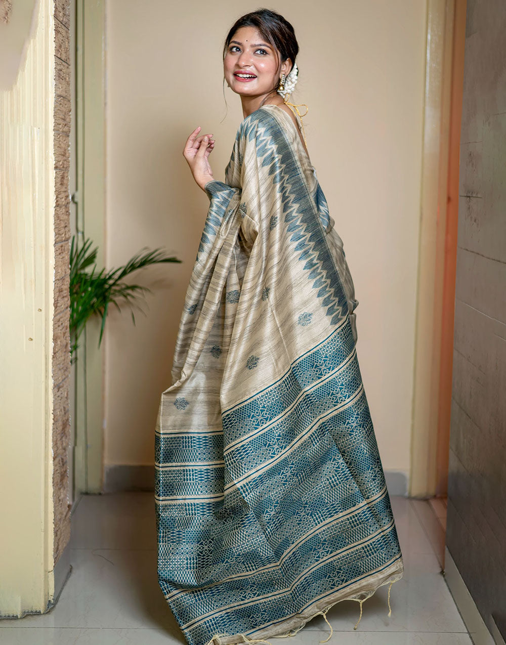 Light Blue & Beige Tussar Silk Saree With Weaving Work