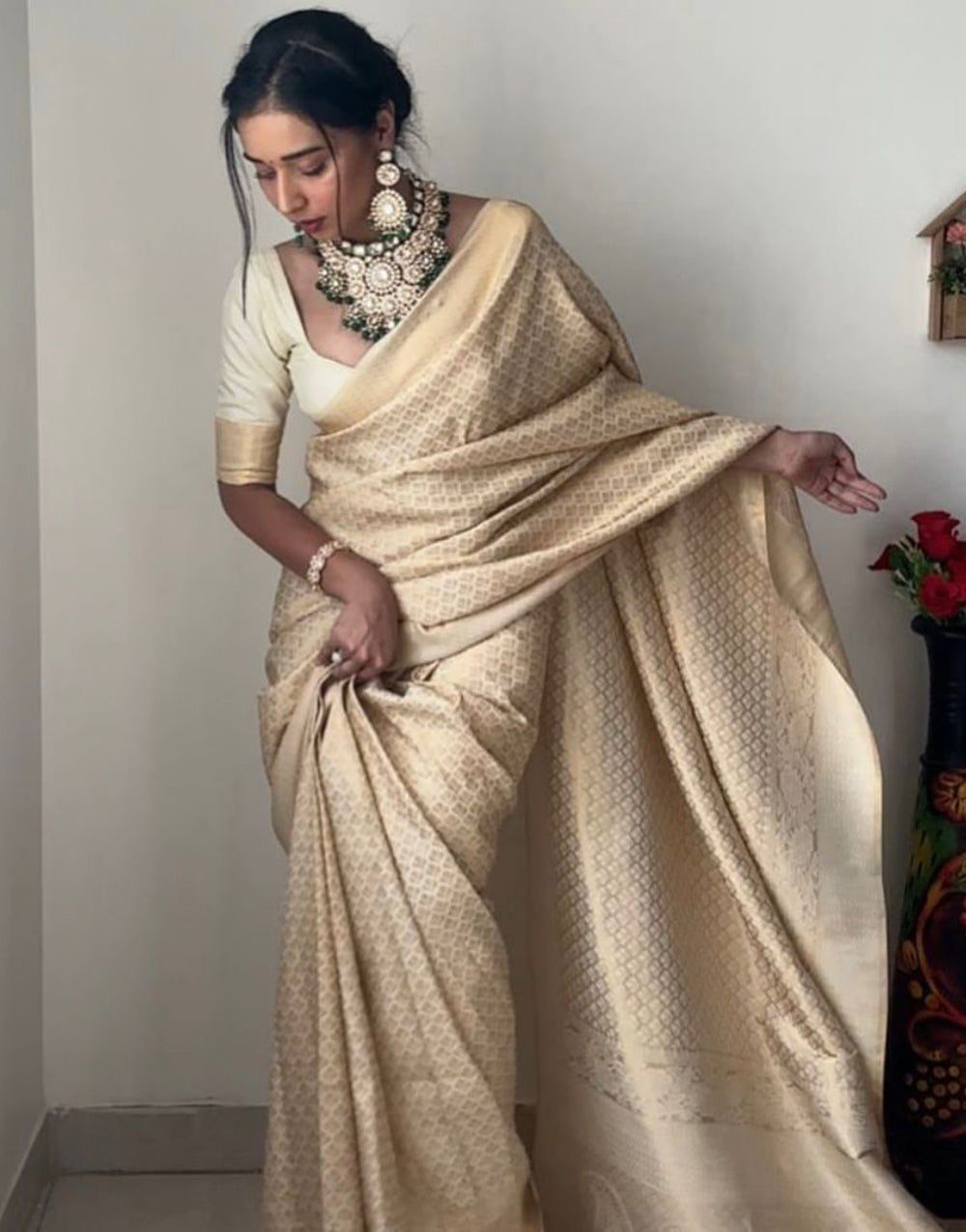 Cream Soft Silk Ready To Wear Saree