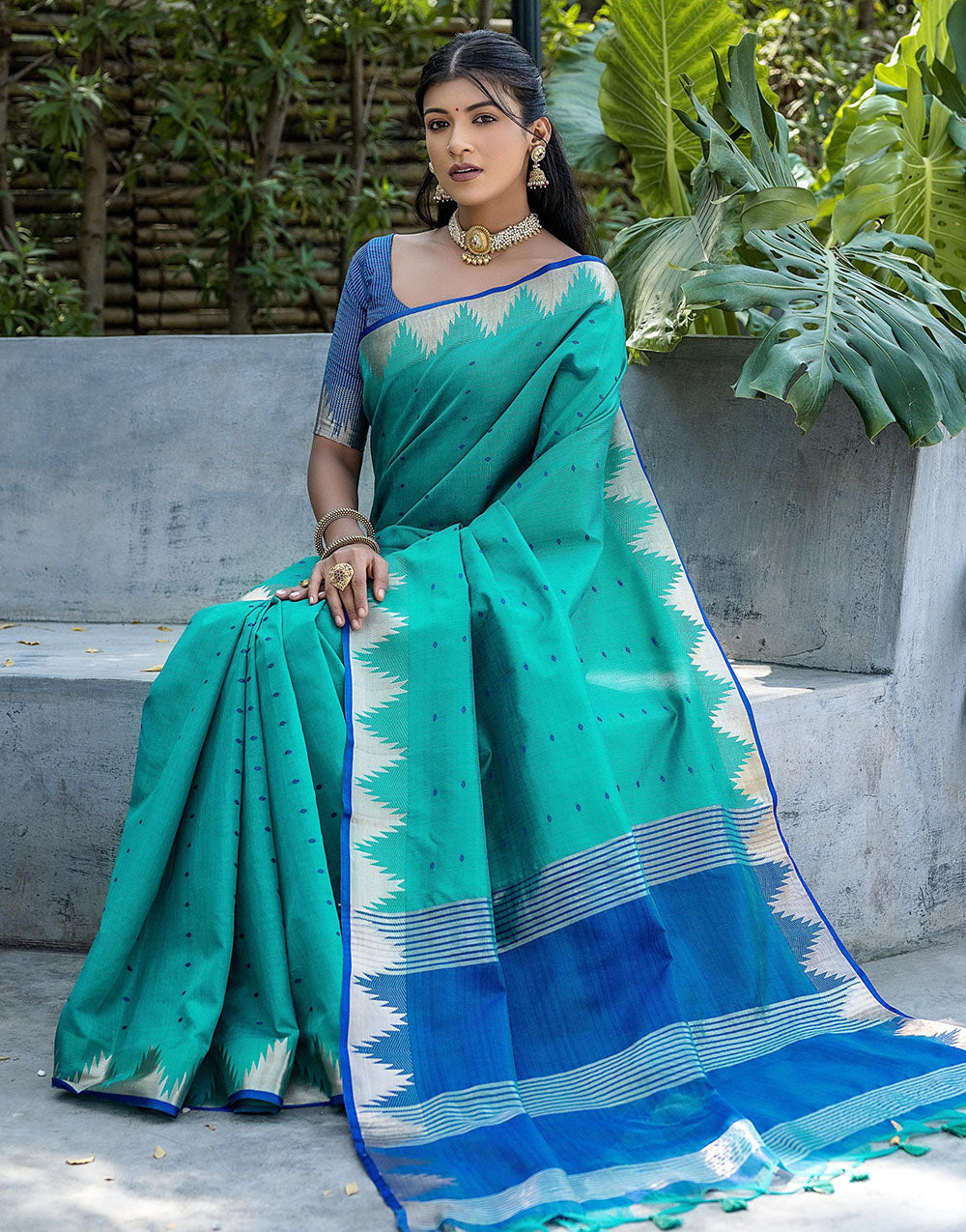 Rama Blue Tussar Silk Saree With Weaving Work