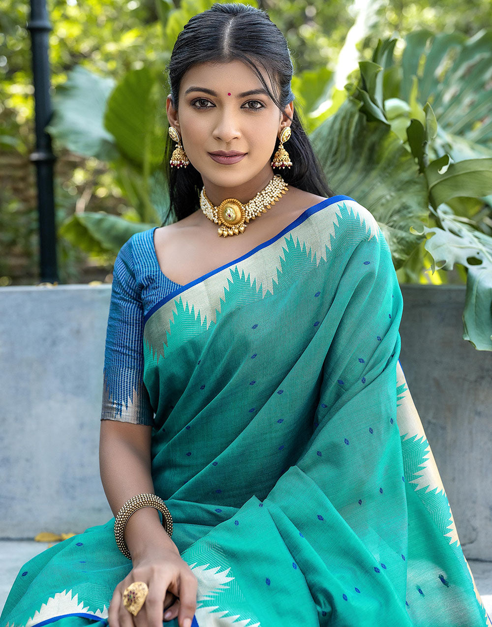 Rama Blue Tussar Silk Saree With Weaving Work