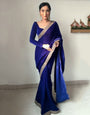 Blue Velvet With Lace Border Ready To Wear Saree