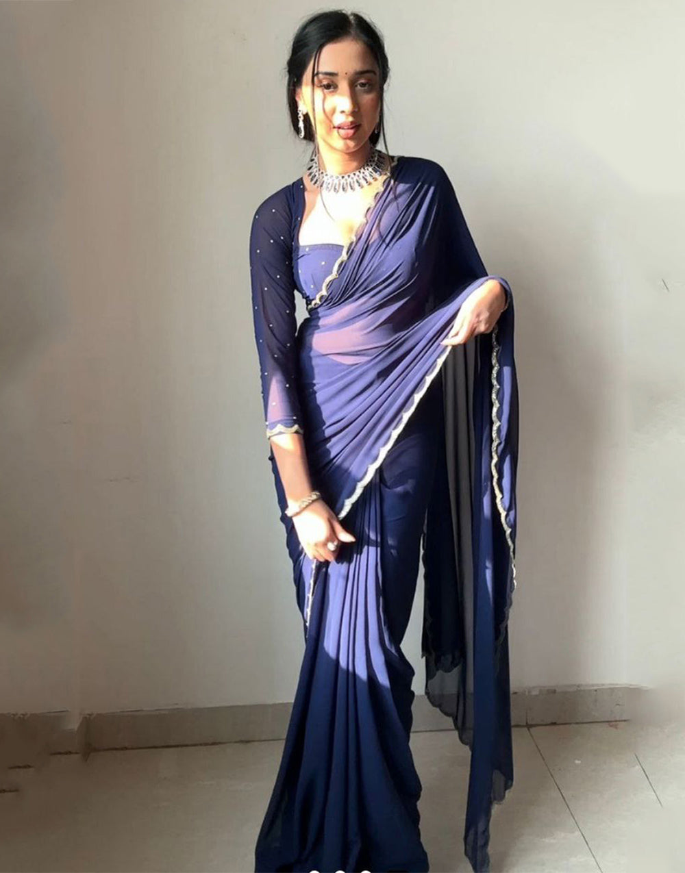 Navy Blue Georgette With Cutwork Border Ready To Wear Saree