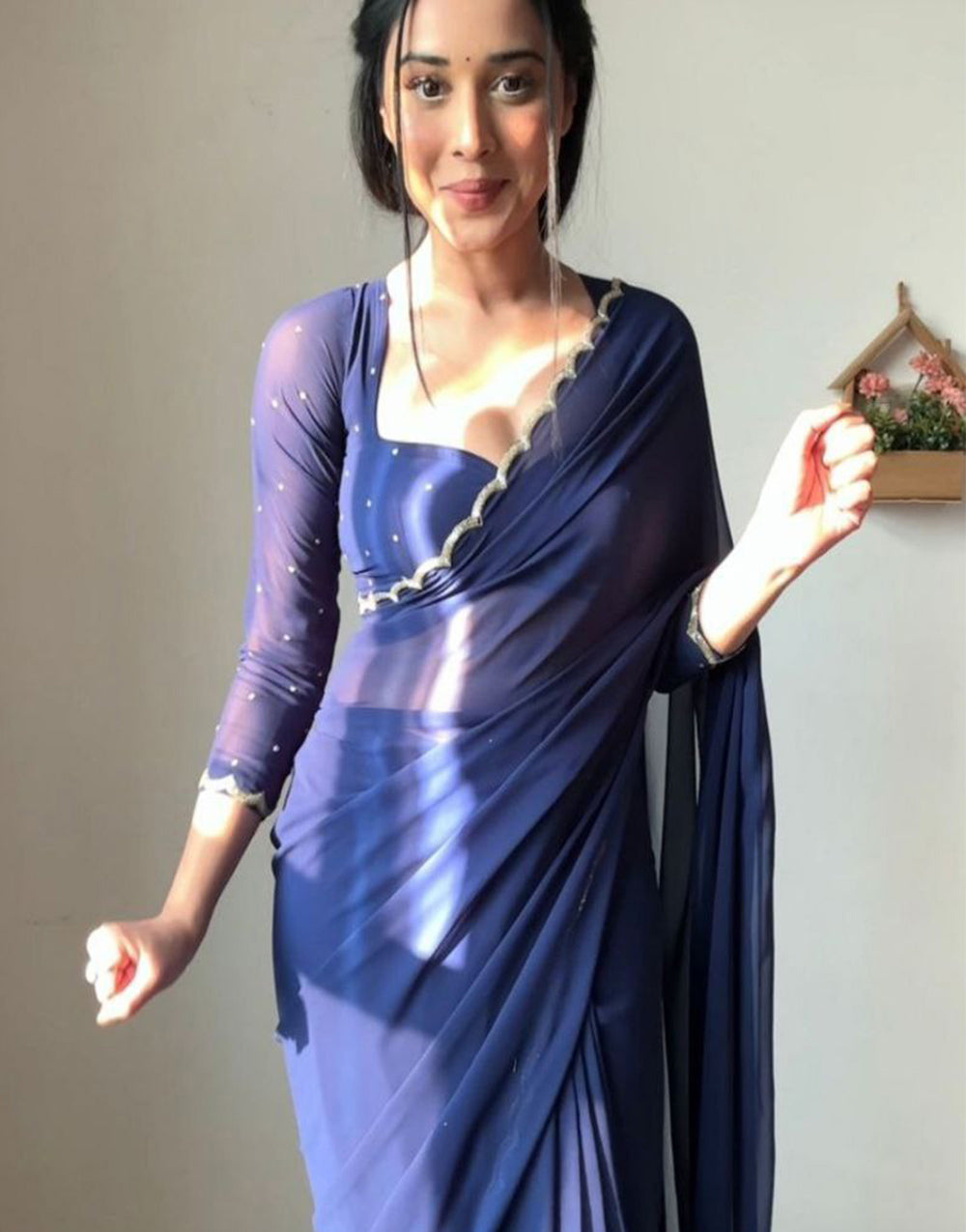Navy Blue Georgette With Cutwork Border Ready To Wear Saree