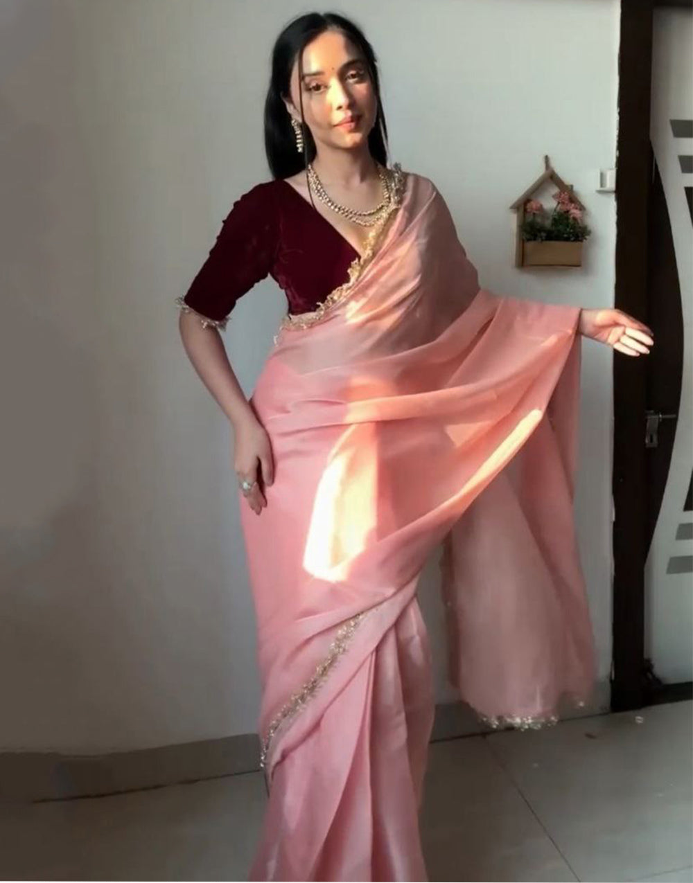 Peach Silk With Lace Border Ready To Wear Saree