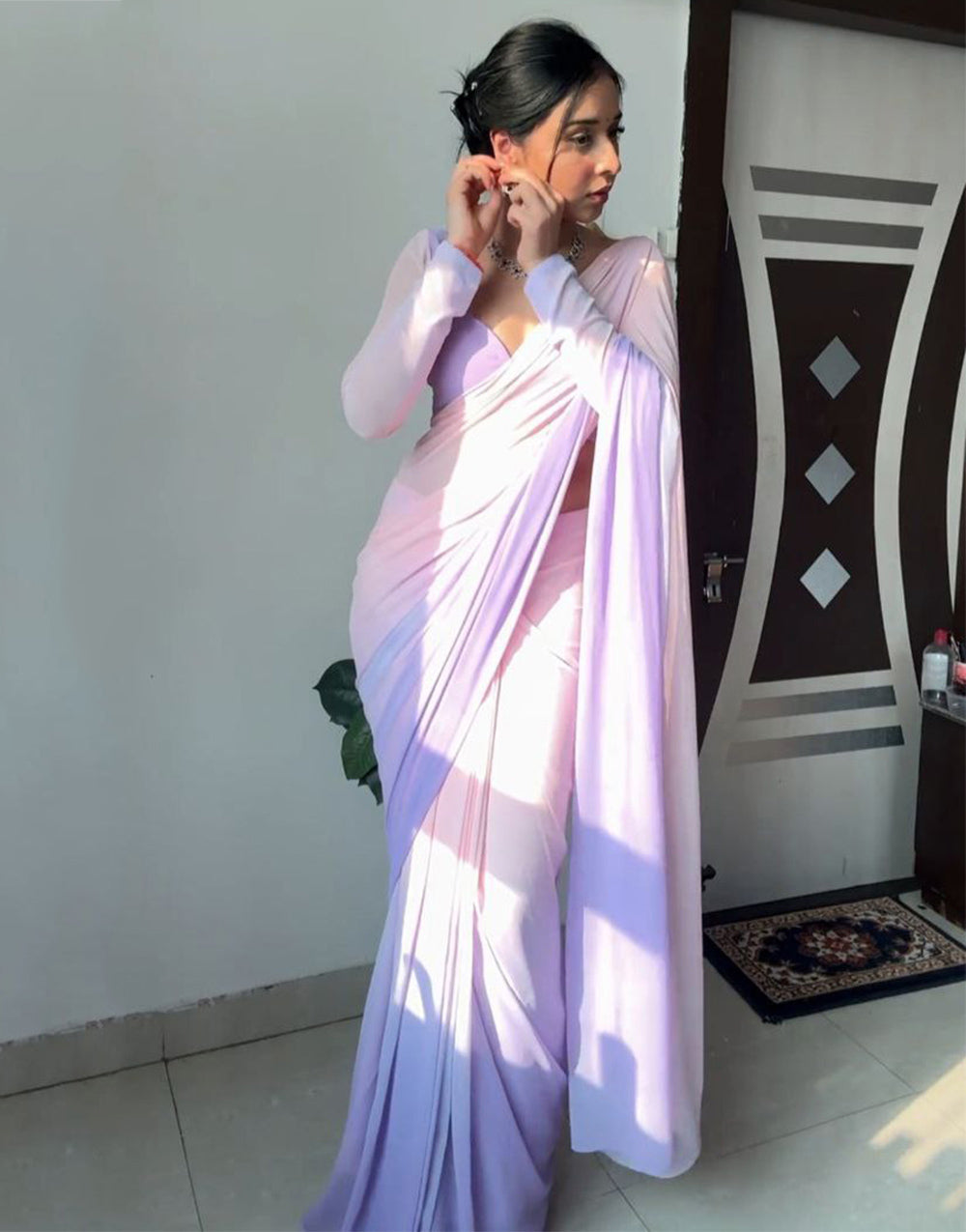 Light Lavender & Pink Georgette With Printed Ready To Wear Saree