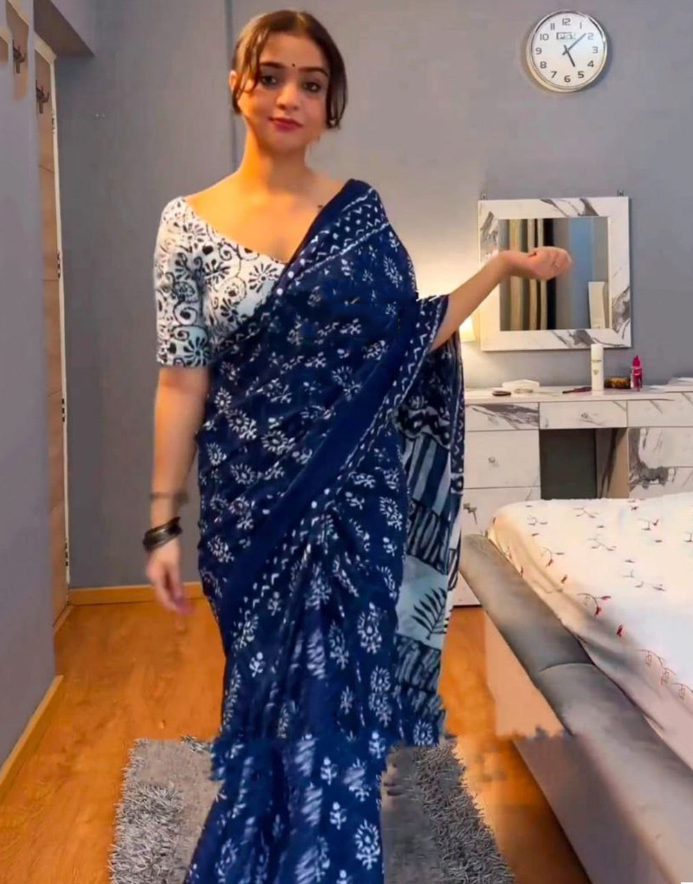 Navy Blue Linen Cotton Ready To Wear Saree With Printed Work