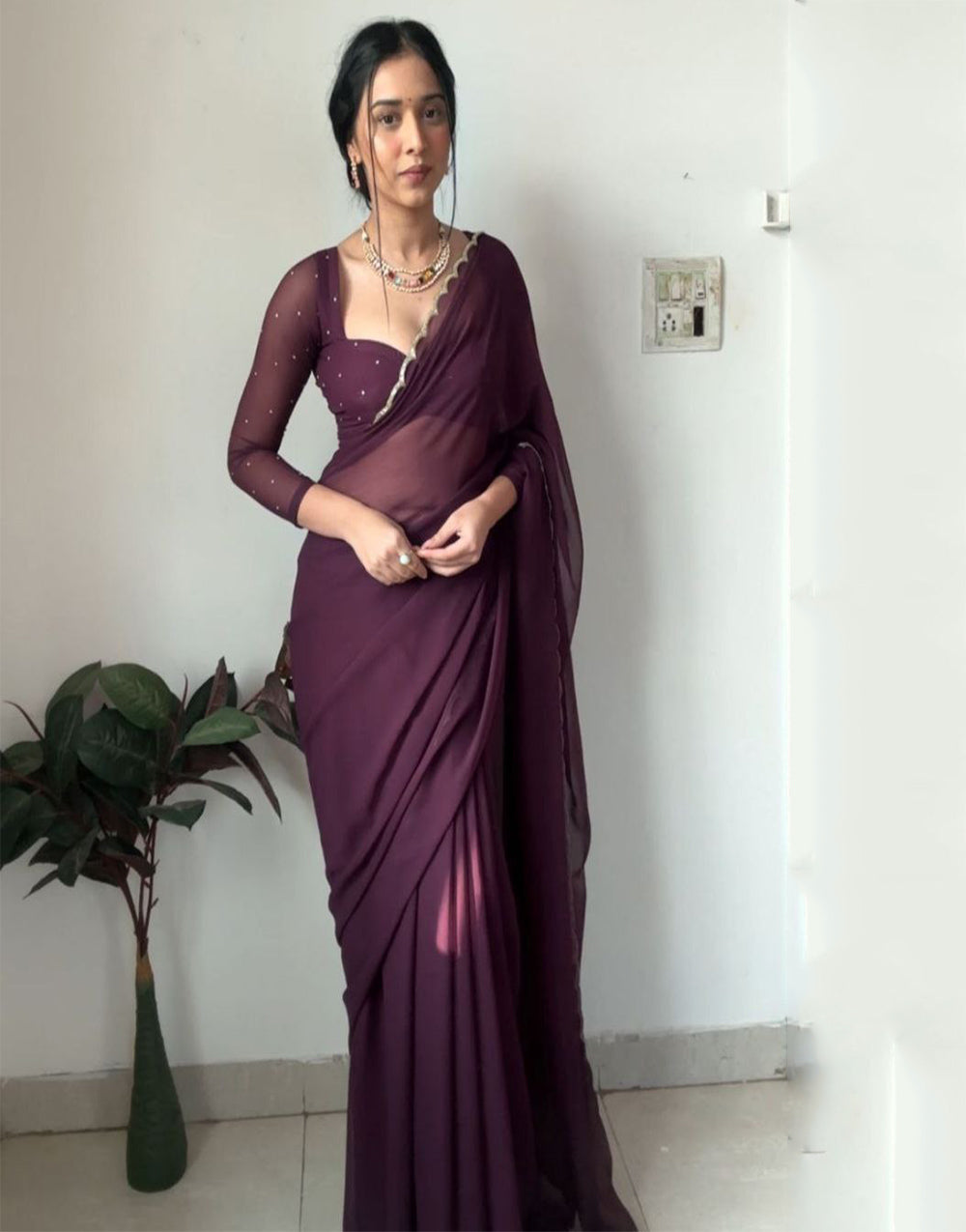 Wine Georgette With Stitched Blouse Ready To Wear Saree