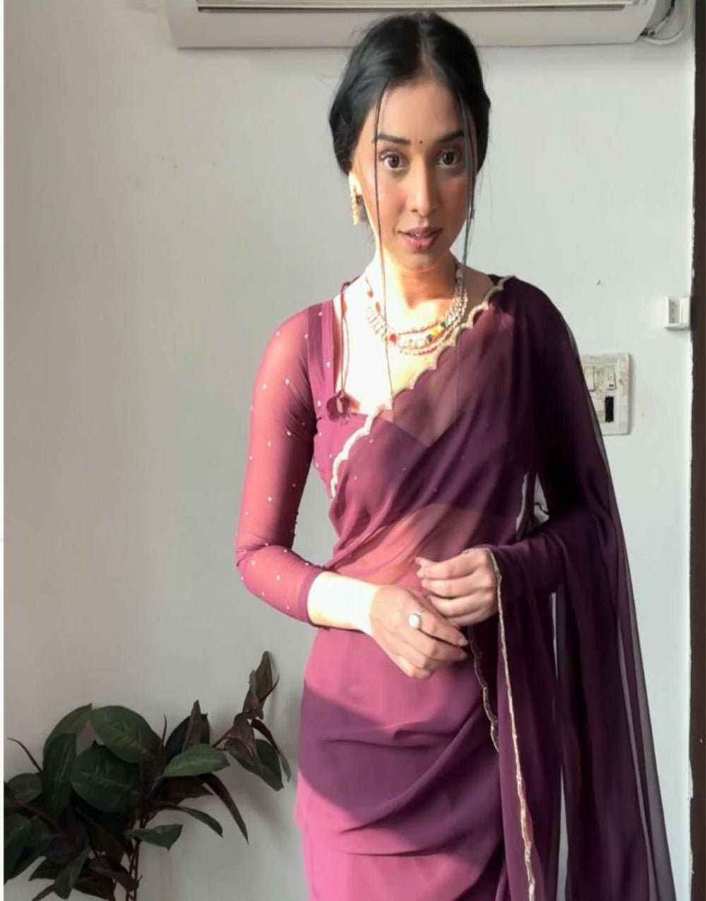 Wine Georgette With Stitched Blouse Ready To Wear Saree