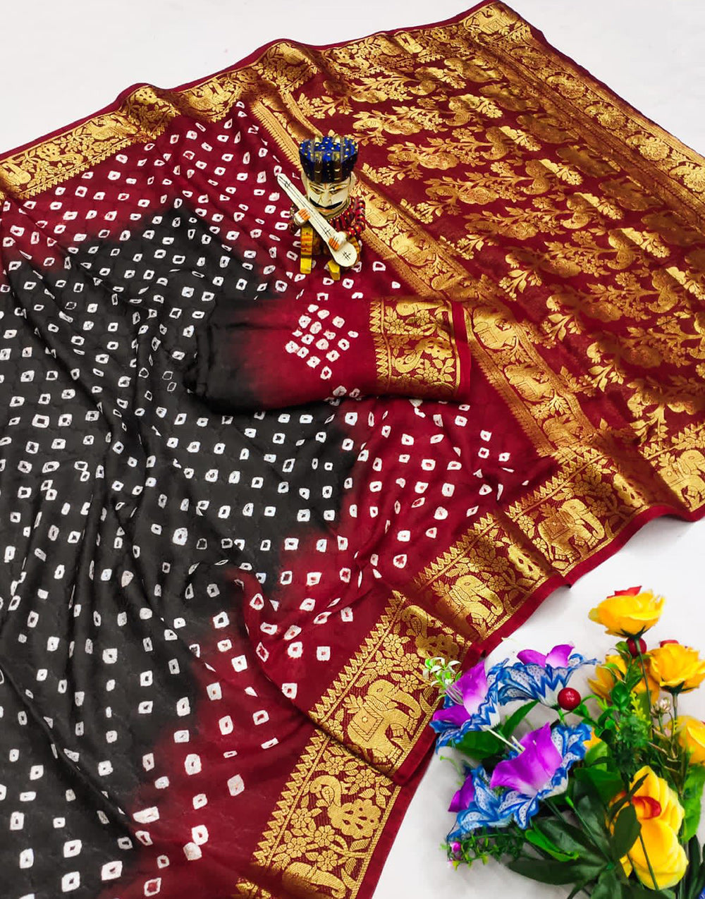 Maroon & Black Hand Bandhej Bandhani Saree With Weaving Work