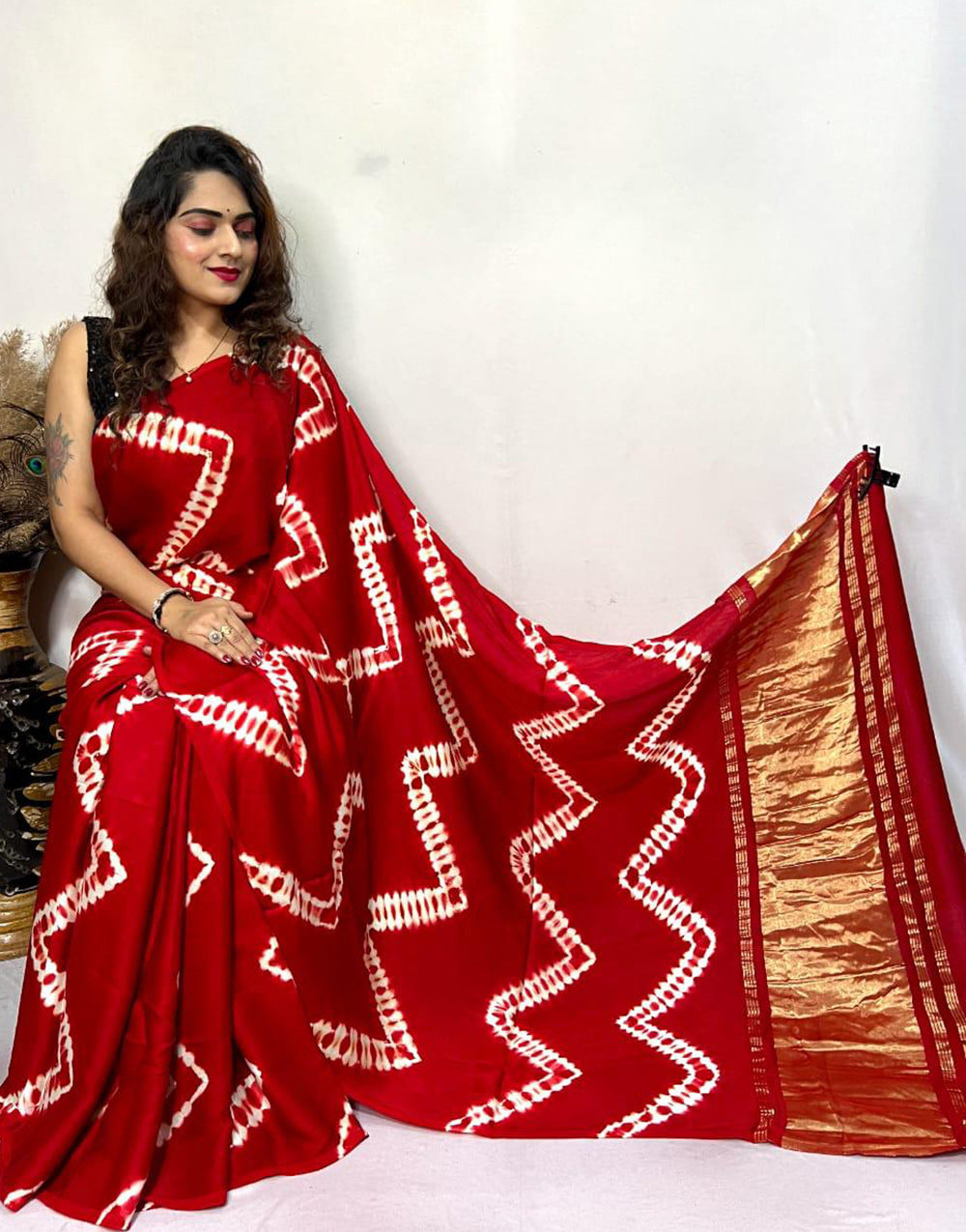 Dark Red Gajji Silk With Block Print & Weaving Pallu Leheriya Saree