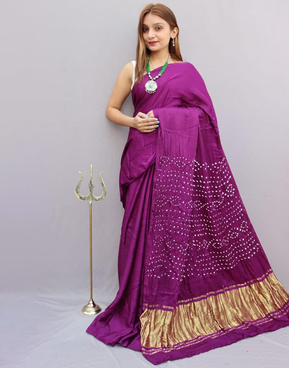 Purple Gajji Silk With Bandhani Printed Saree