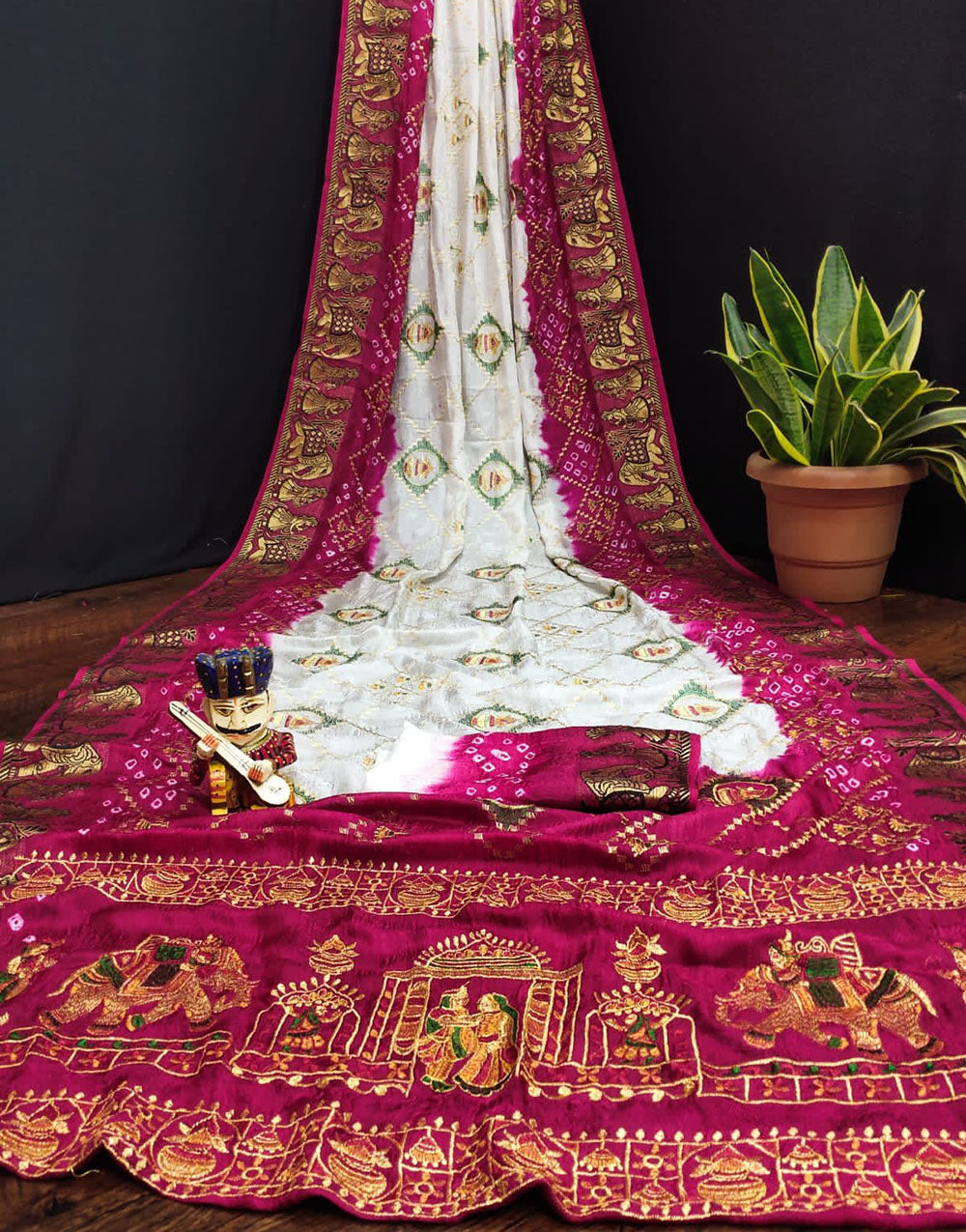 Rani Pink Hand Bandhej Bandhani Saree With Embroidery Work