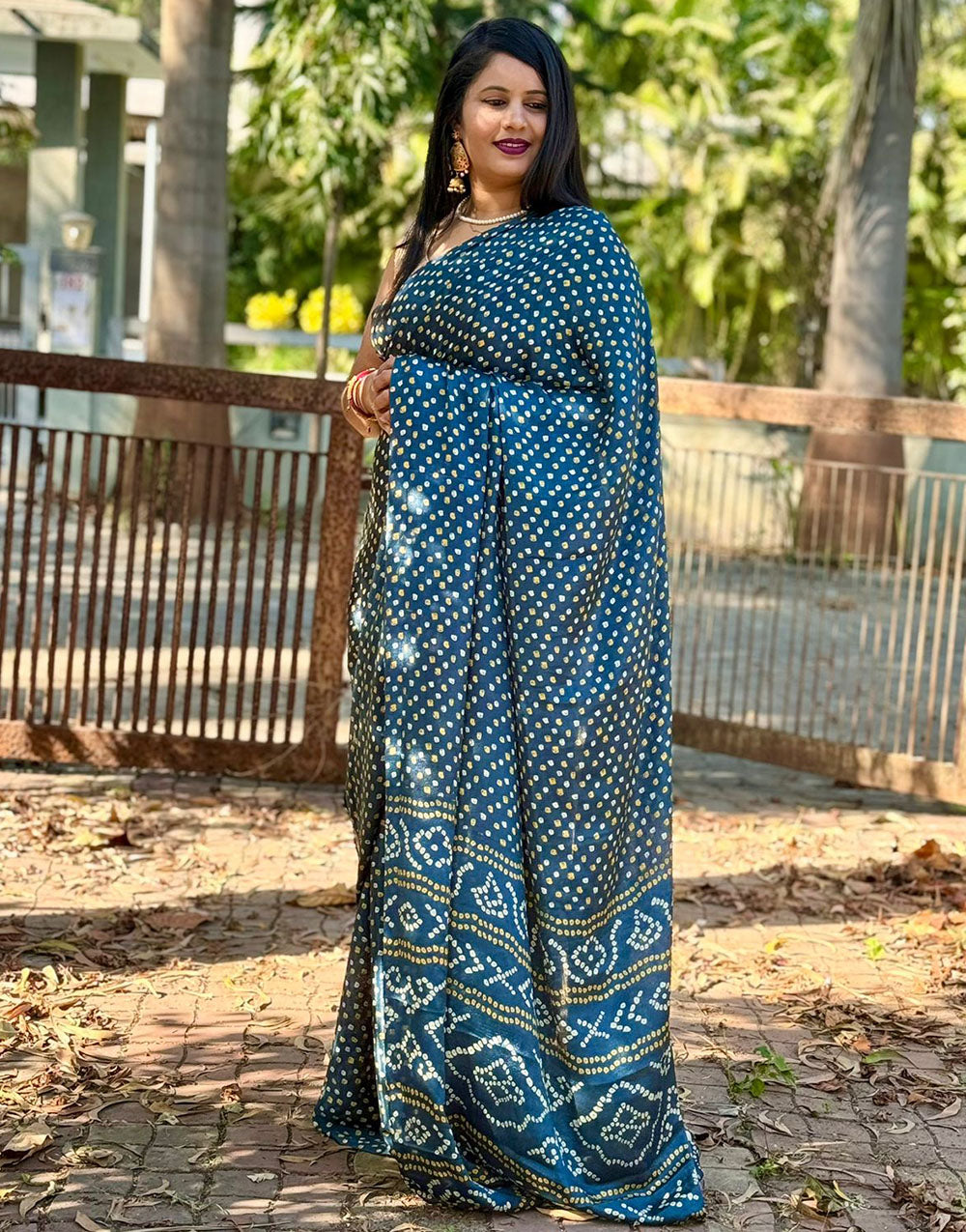 Denim Blue Dola Silk Bandhani Printed Saree Sareewave