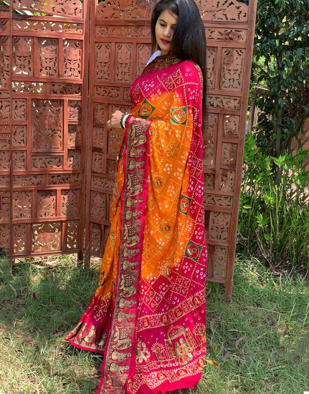 Pink & Orange Hand Bandhej Bandhani Saree With Weaving Border