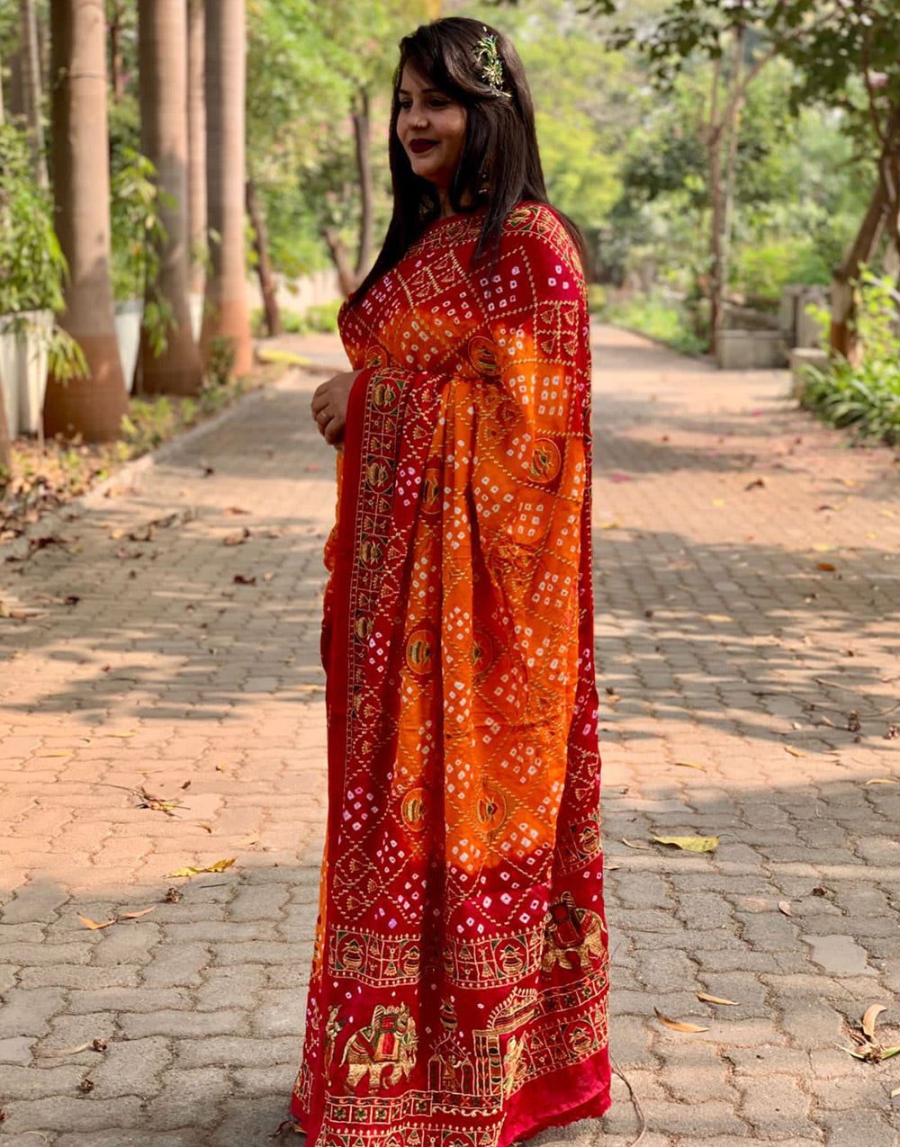 Red & Orange Gaji Silk Hand Bandhej Bandhani Saree