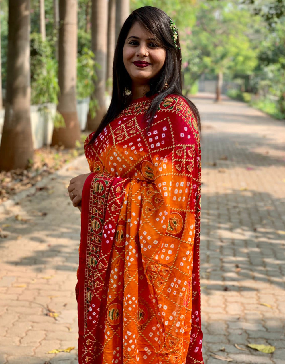 Red & Orange Gaji Silk Hand Bandhej Bandhani Saree