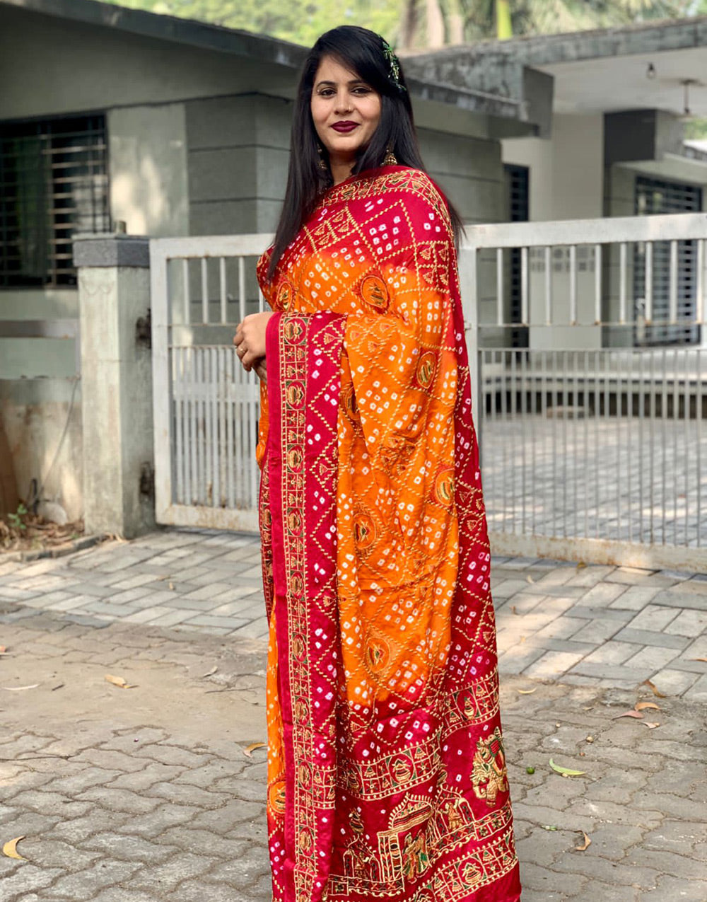 Red & Orange Gaji Silk Hand Bandhej Bandhani Saree
