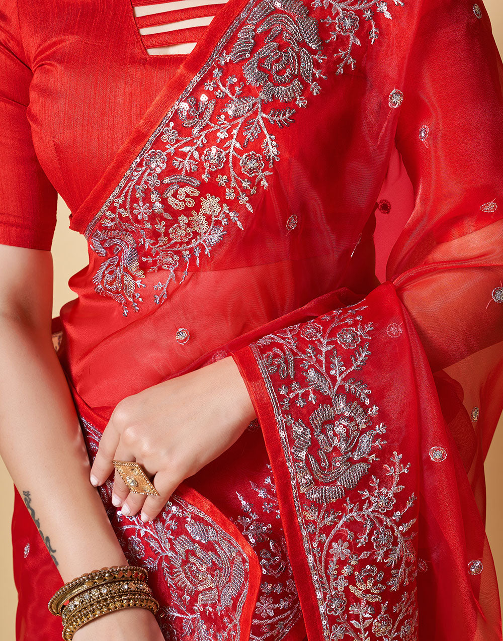 Red Organza Saree With Sequence & Piping Border
