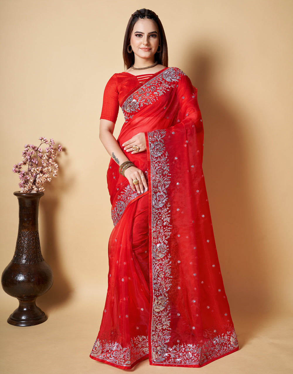 Red Organza Saree With Sequence & Piping Border