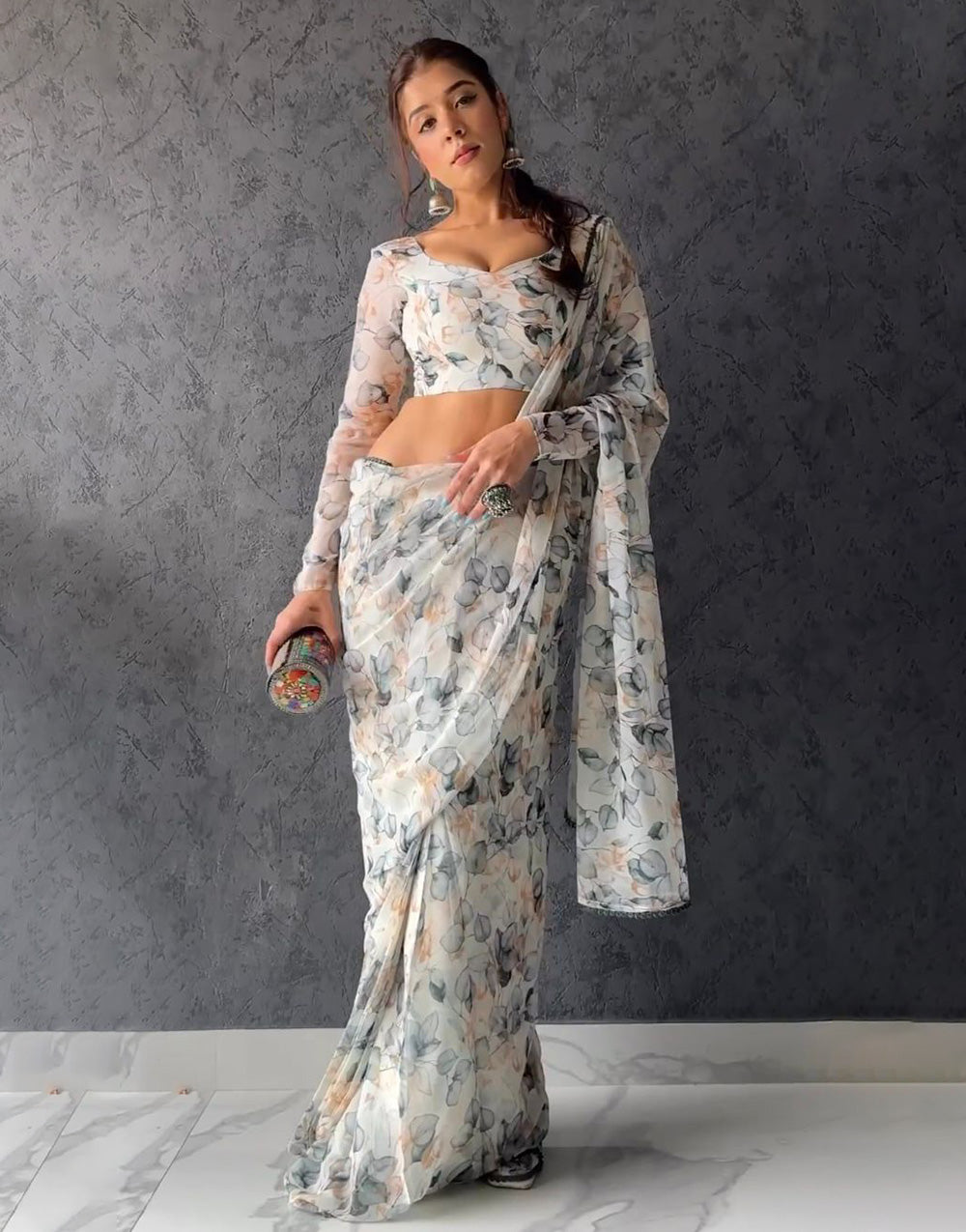 Off White Flower Print Georgette Saree