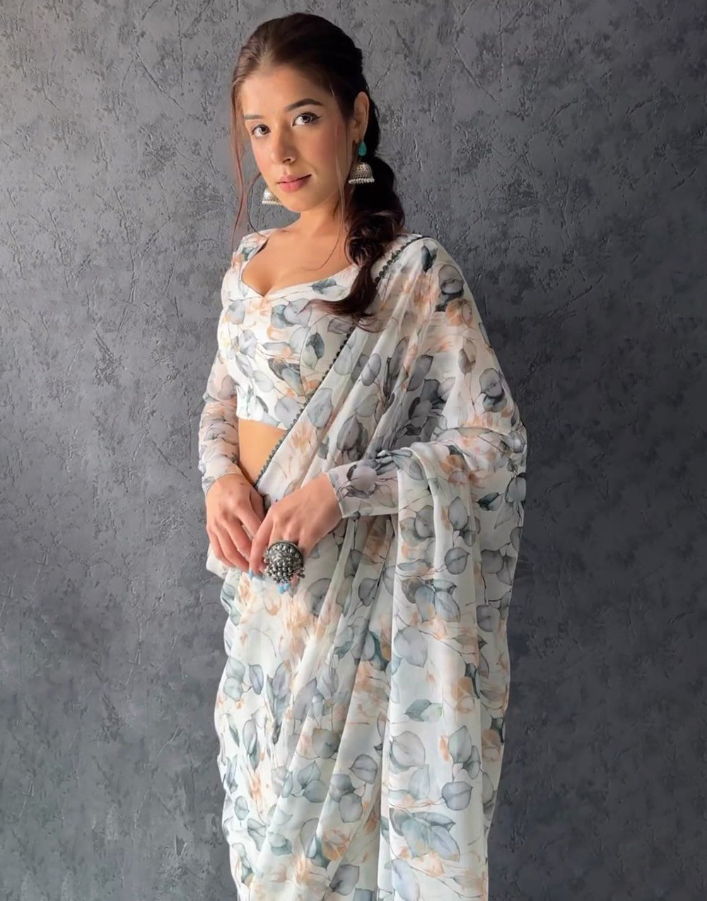 Off White Flower Print Georgette Saree