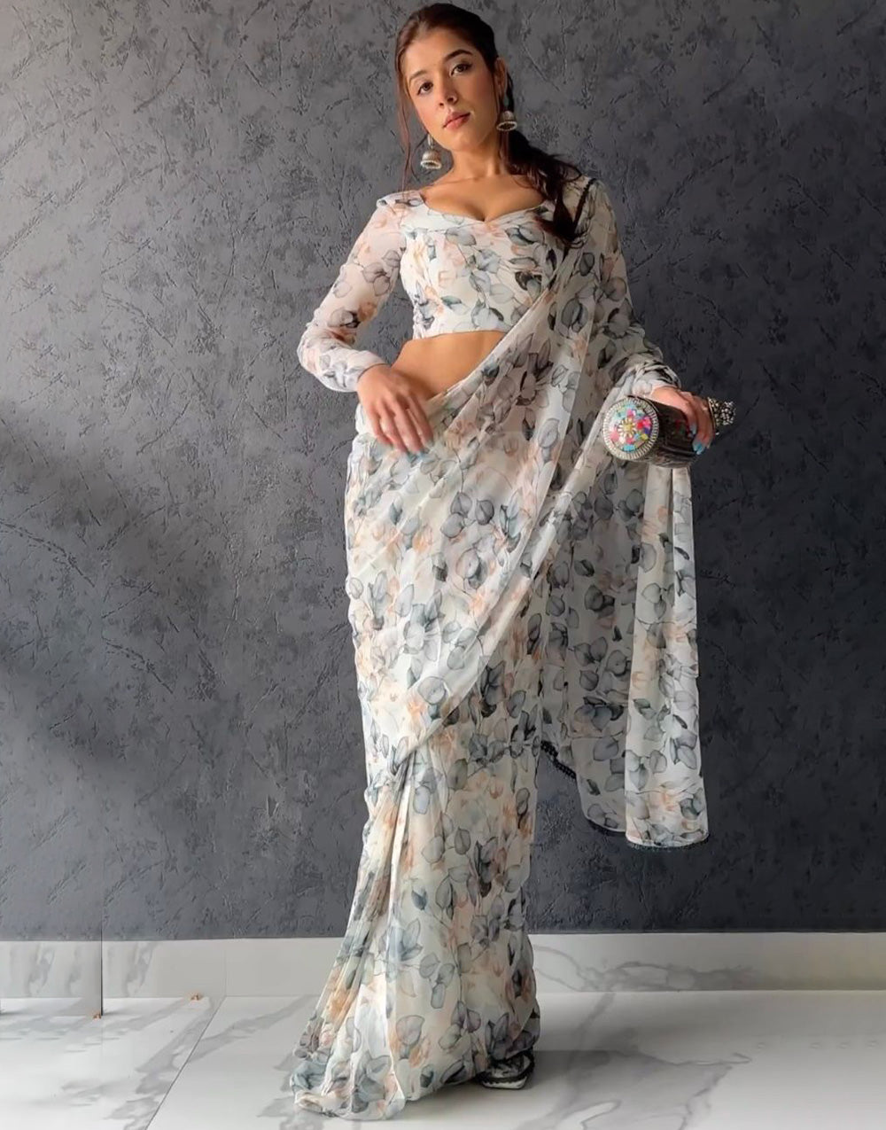 Off White Flower Print Georgette Saree