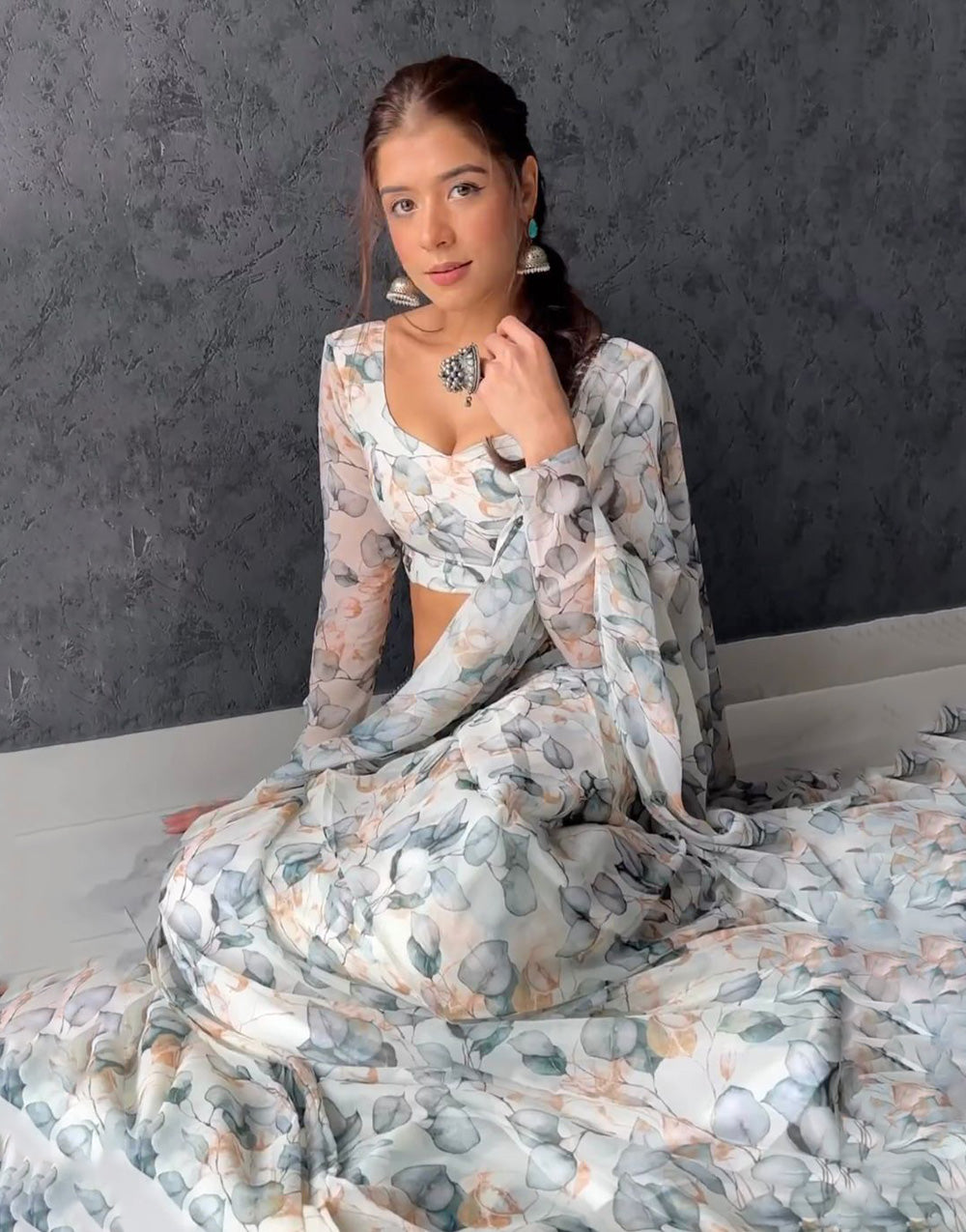 Off White Flower Print Georgette Saree