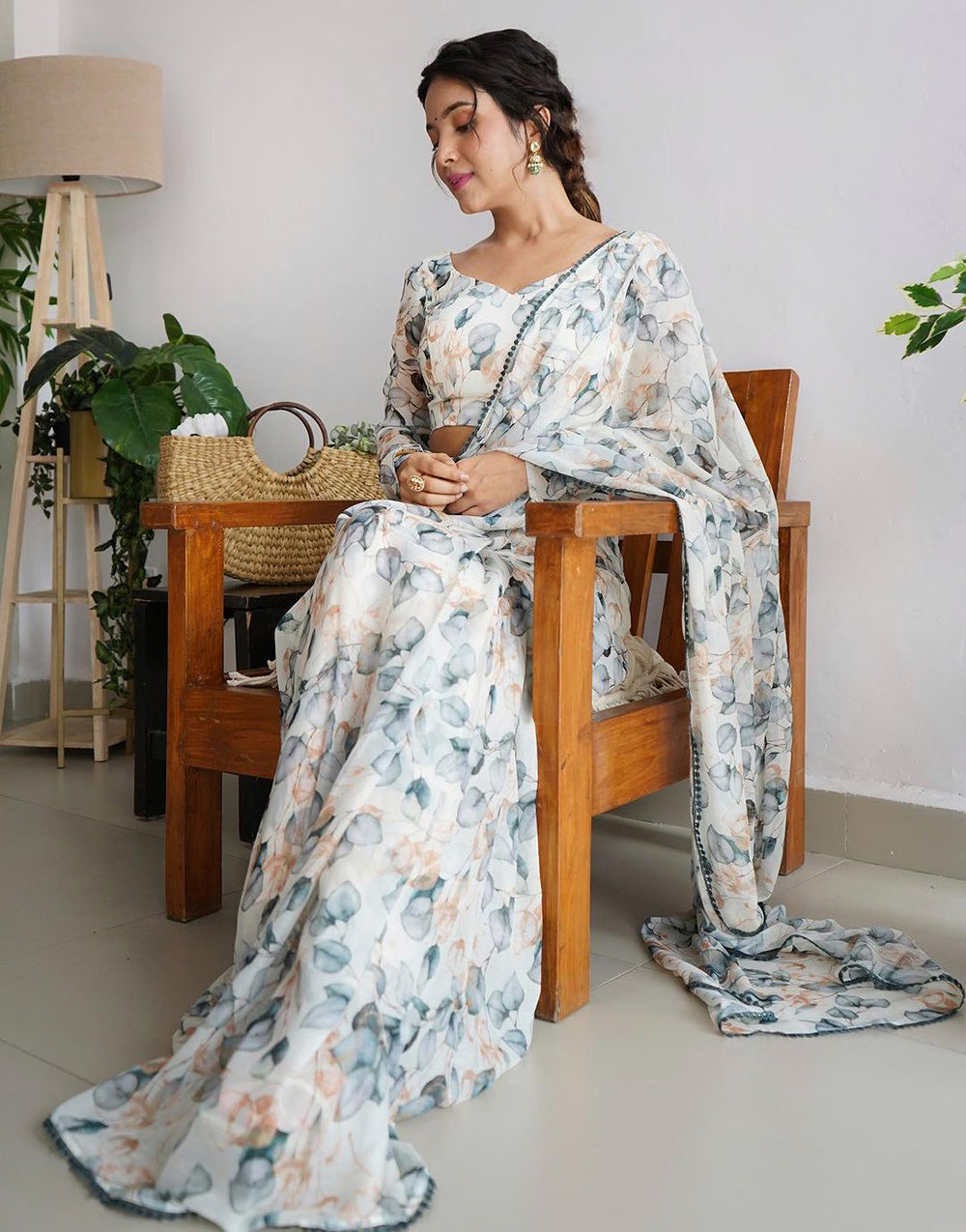 Off White Flower Print Georgette Saree