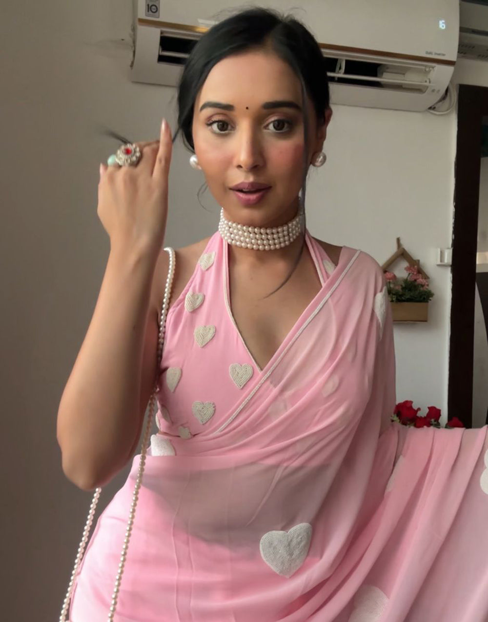 Baby Pink Georgette Ready To Wear Saree