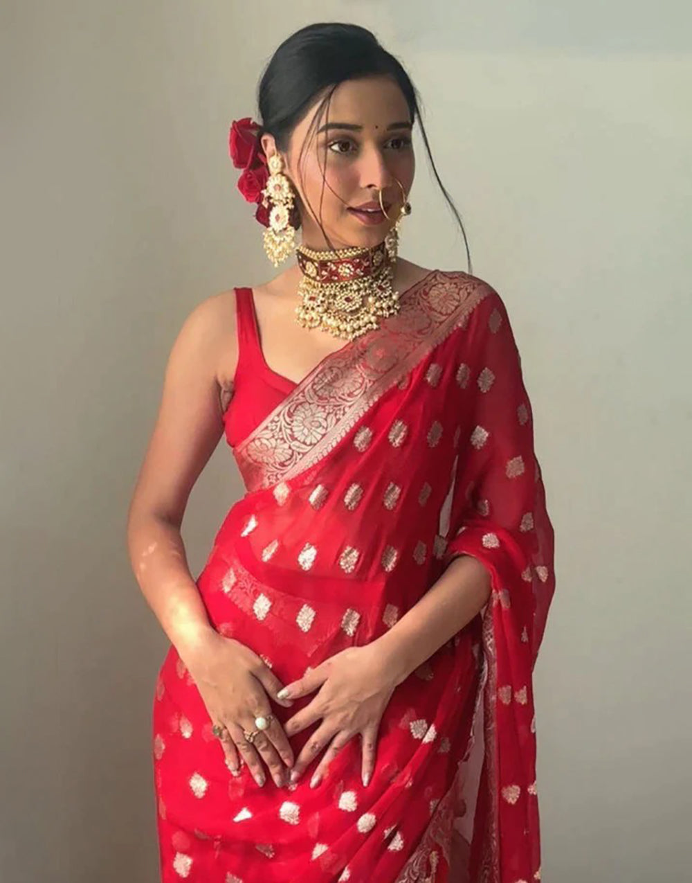 Red Soft Cotton Silk Ready To Wear Saree