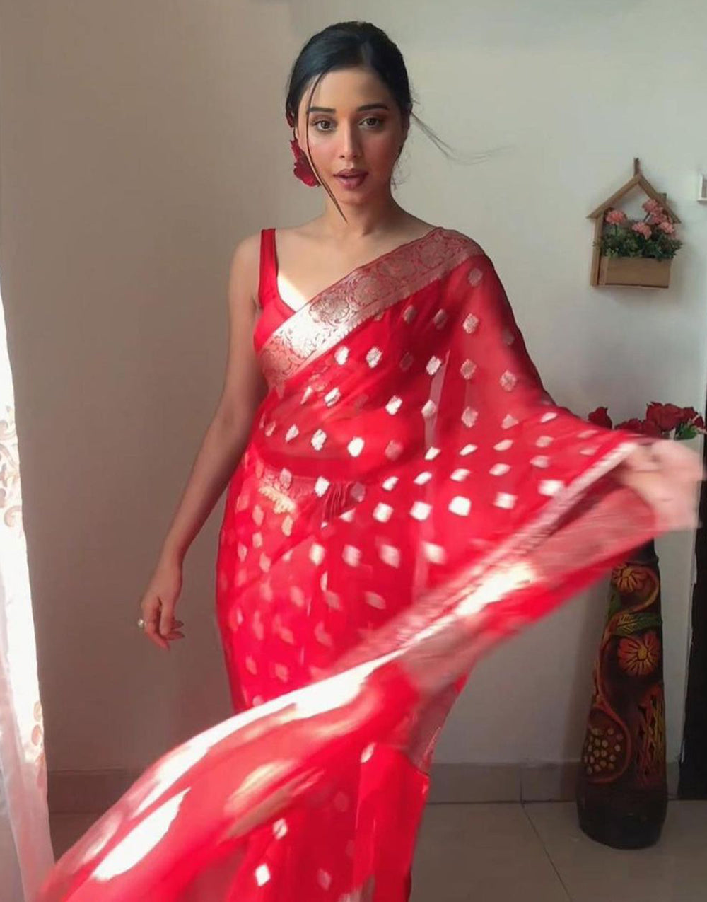 Red Soft Cotton Silk Ready To Wear Saree