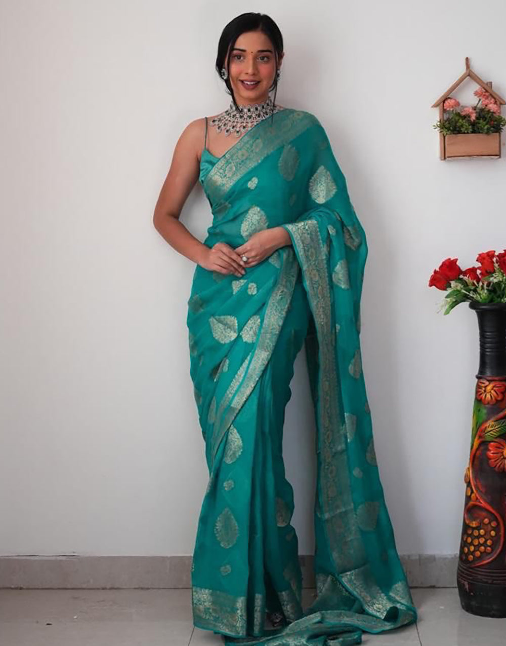 Sea-Green Cotton Silk Ready To Wear Saree