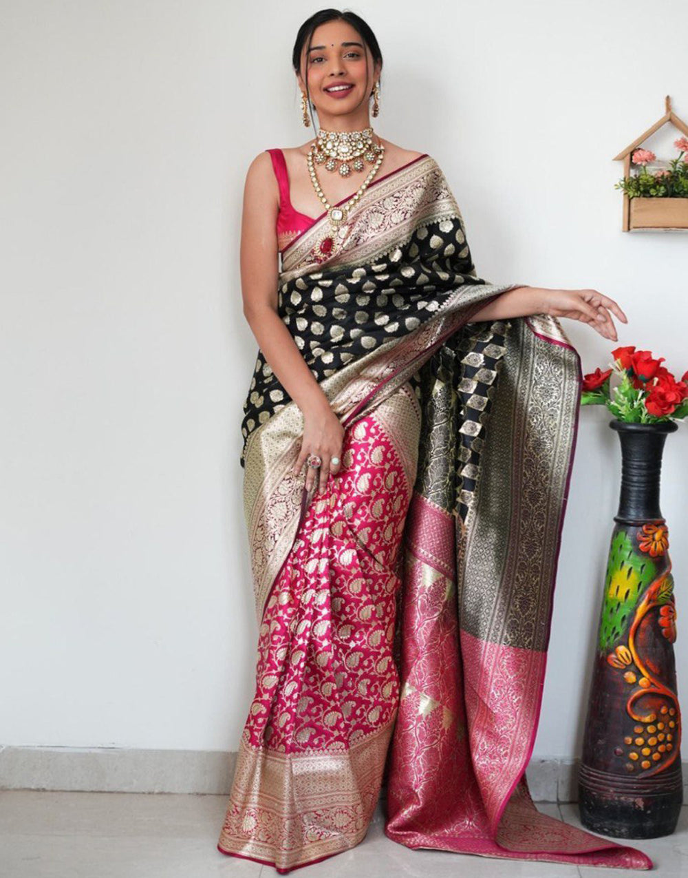 Black & Pink Banarasi Silk Ready To Wear Saree