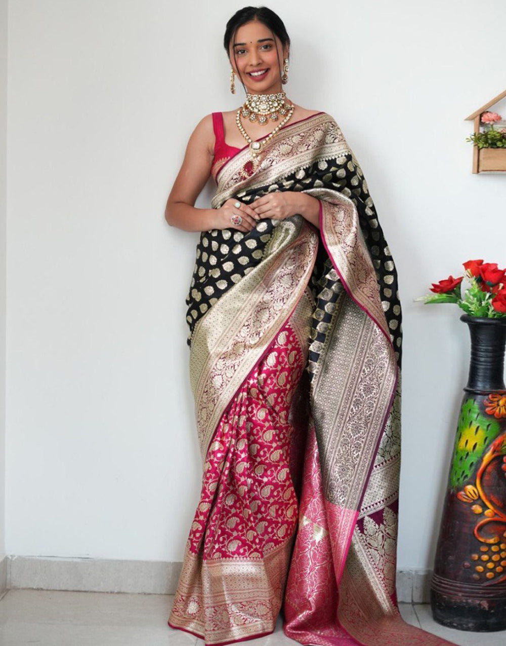 Black & Pink Banarasi Silk Ready To Wear Saree