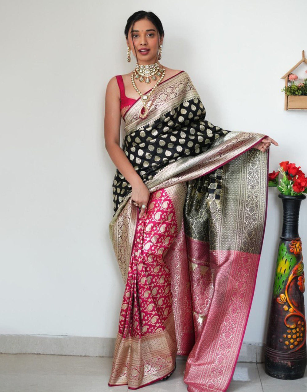 Black & Pink Banarasi Silk Ready To Wear Saree