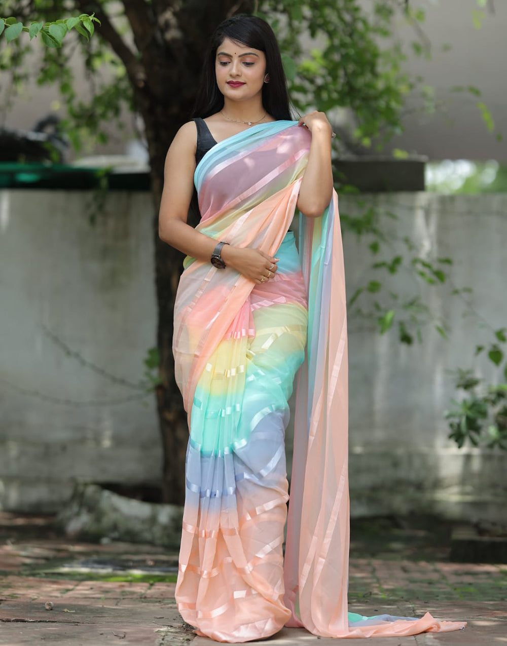 Peach Multi Georgette Ready To Wear Saree