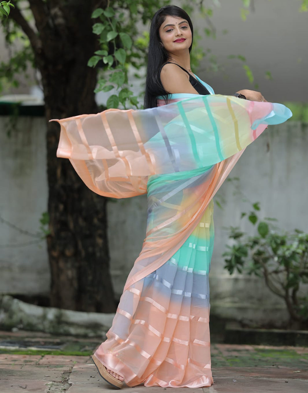 Peach Multi Georgette Ready To Wear Saree