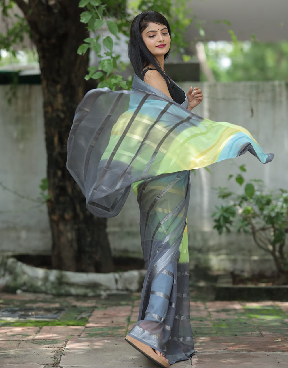 Grey Multi Georgette Ready To Wear Saree