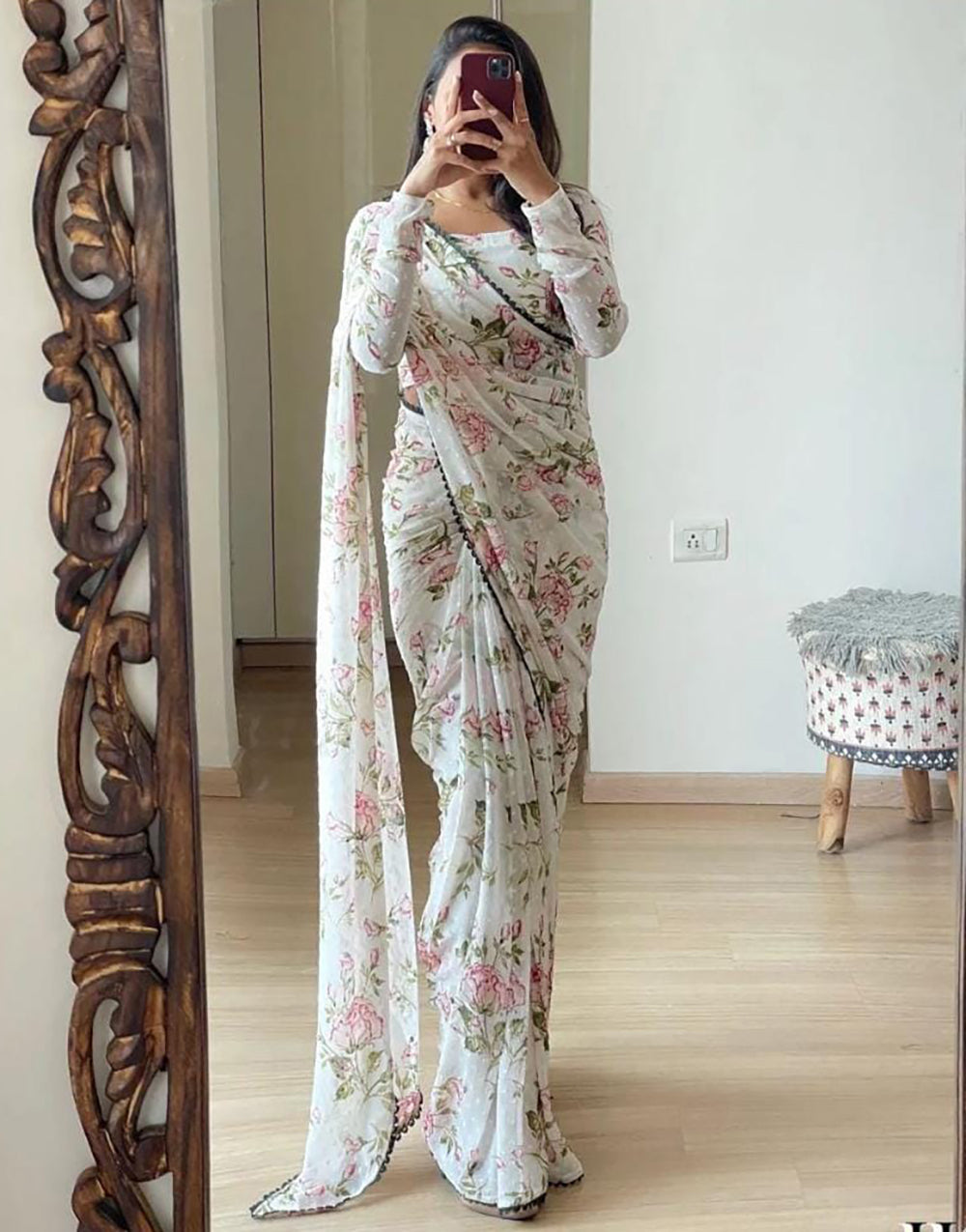 White Georgette Ready To Wear Saree
