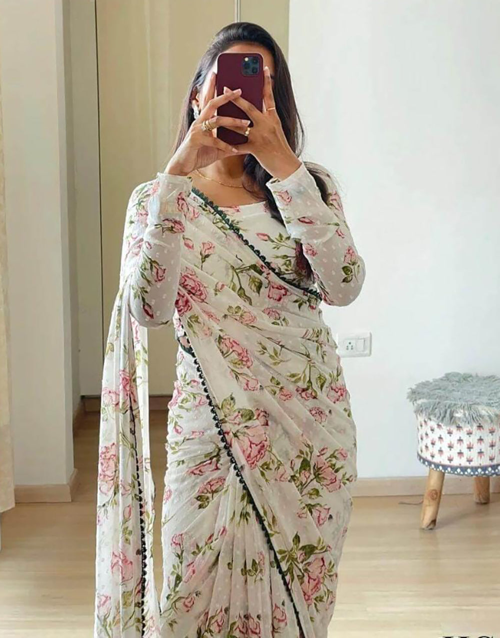 White Georgette Ready To Wear Saree