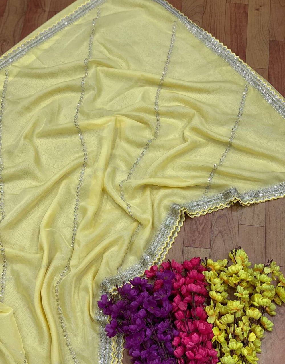 Yellow Organza Saree With Zari & Sequence Work