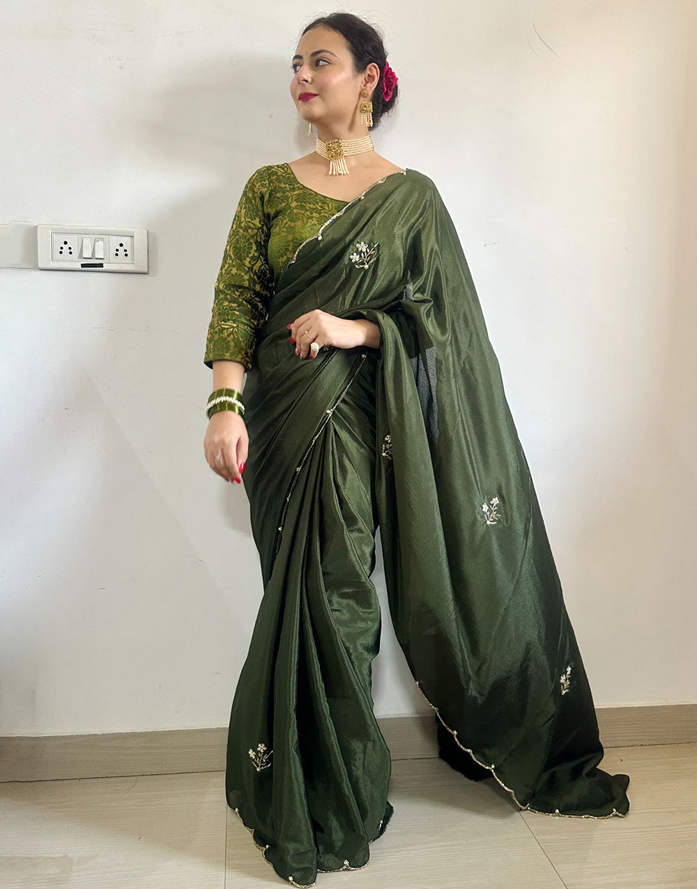 Green Soft Chinnon Saree With Handwork & Flower Design Work