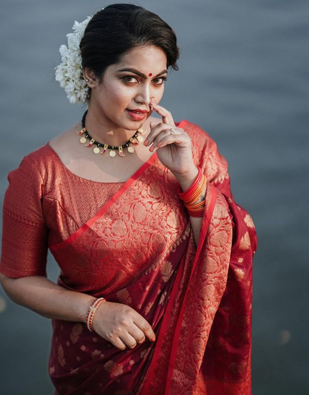 Maroon Soft Lichi Silk Saree With Zari Weaving Work