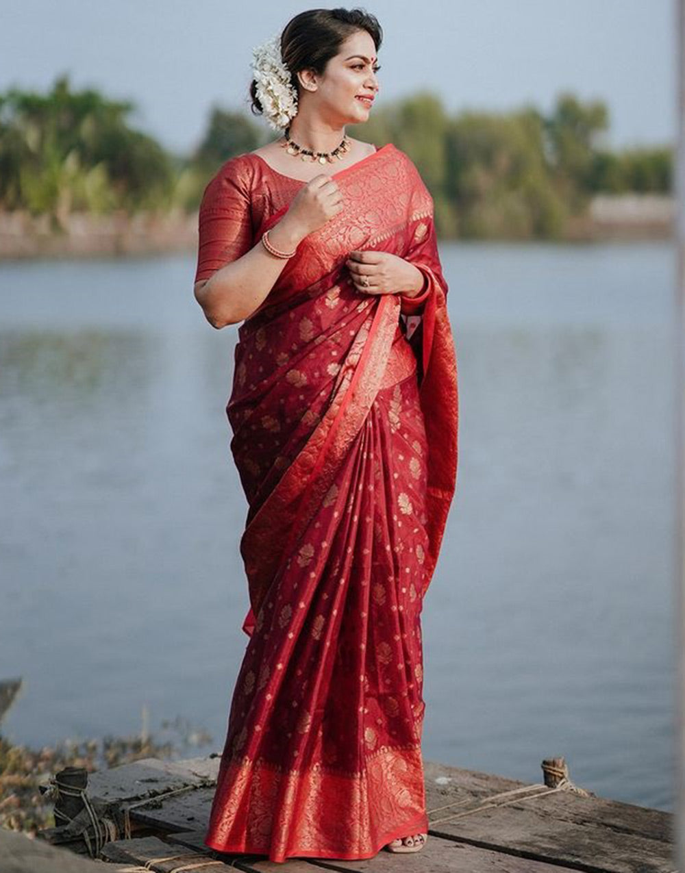 Maroon Soft Lichi Silk Saree With Zari Weaving Work