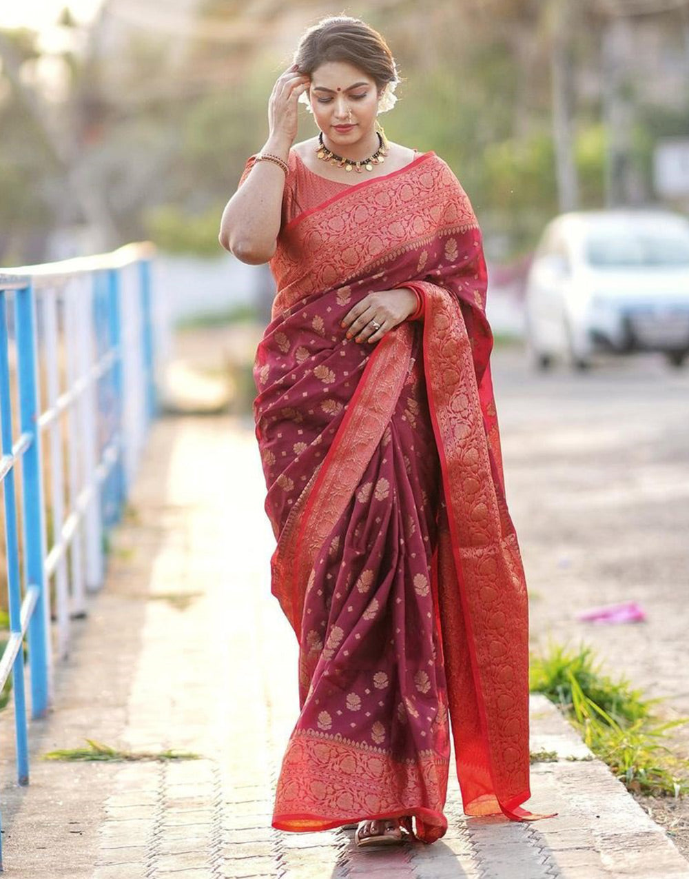 Maroon Soft Lichi Silk Saree With Zari Weaving Work