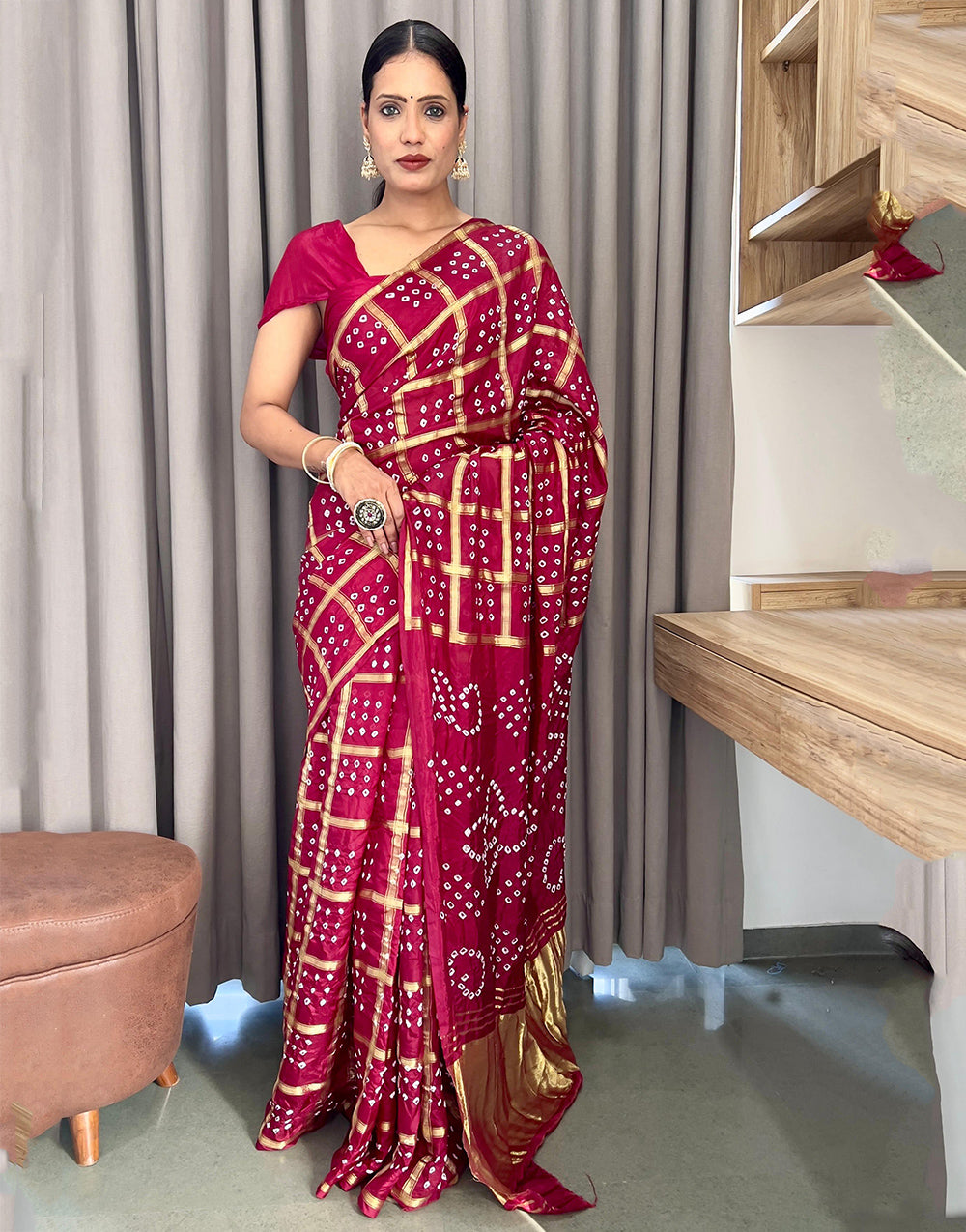 Bright Maroon Hand Bandhej Bandhani Saree With Weaving Work