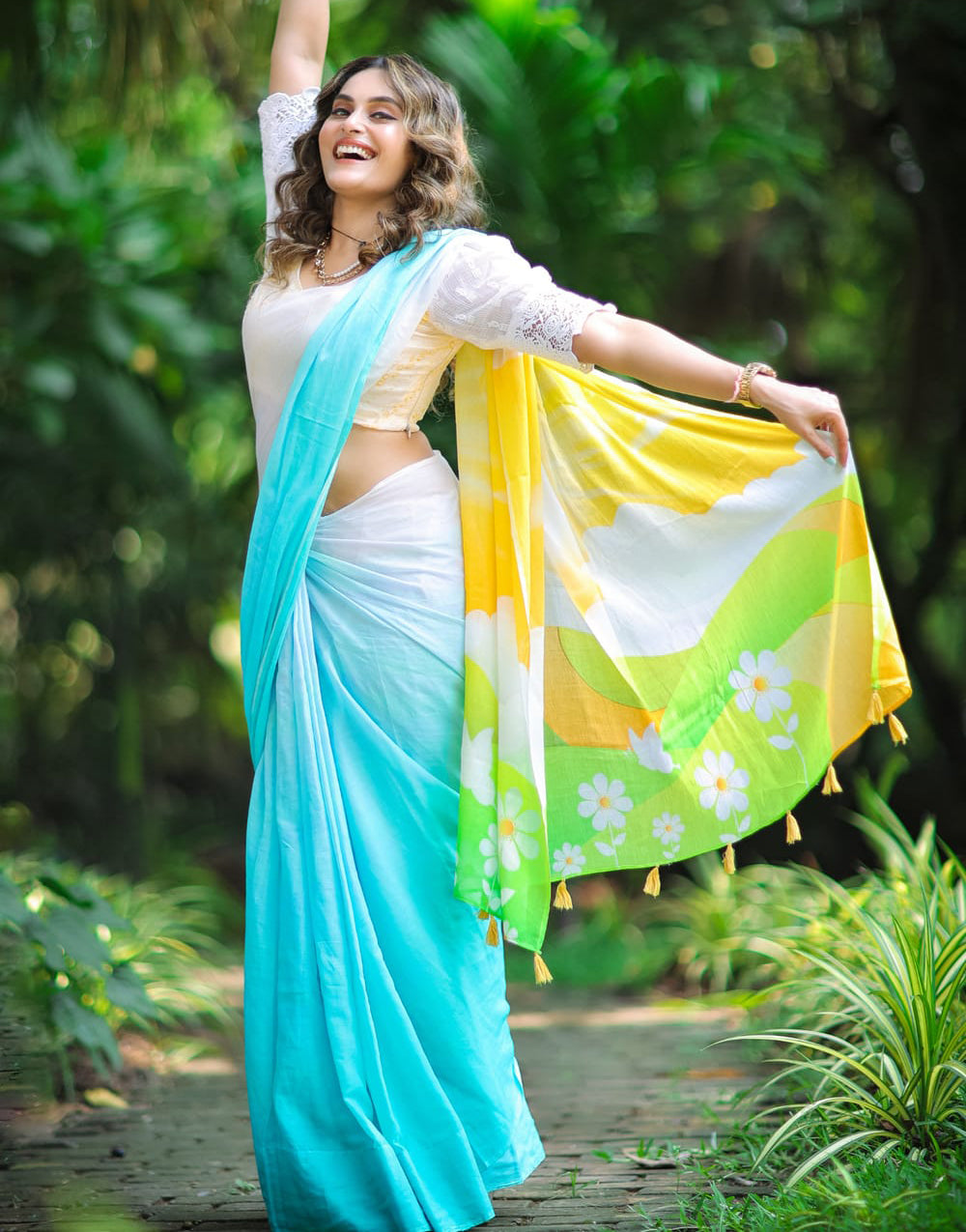 Multi Linen Saree With Printed Work & Sequence Blouse