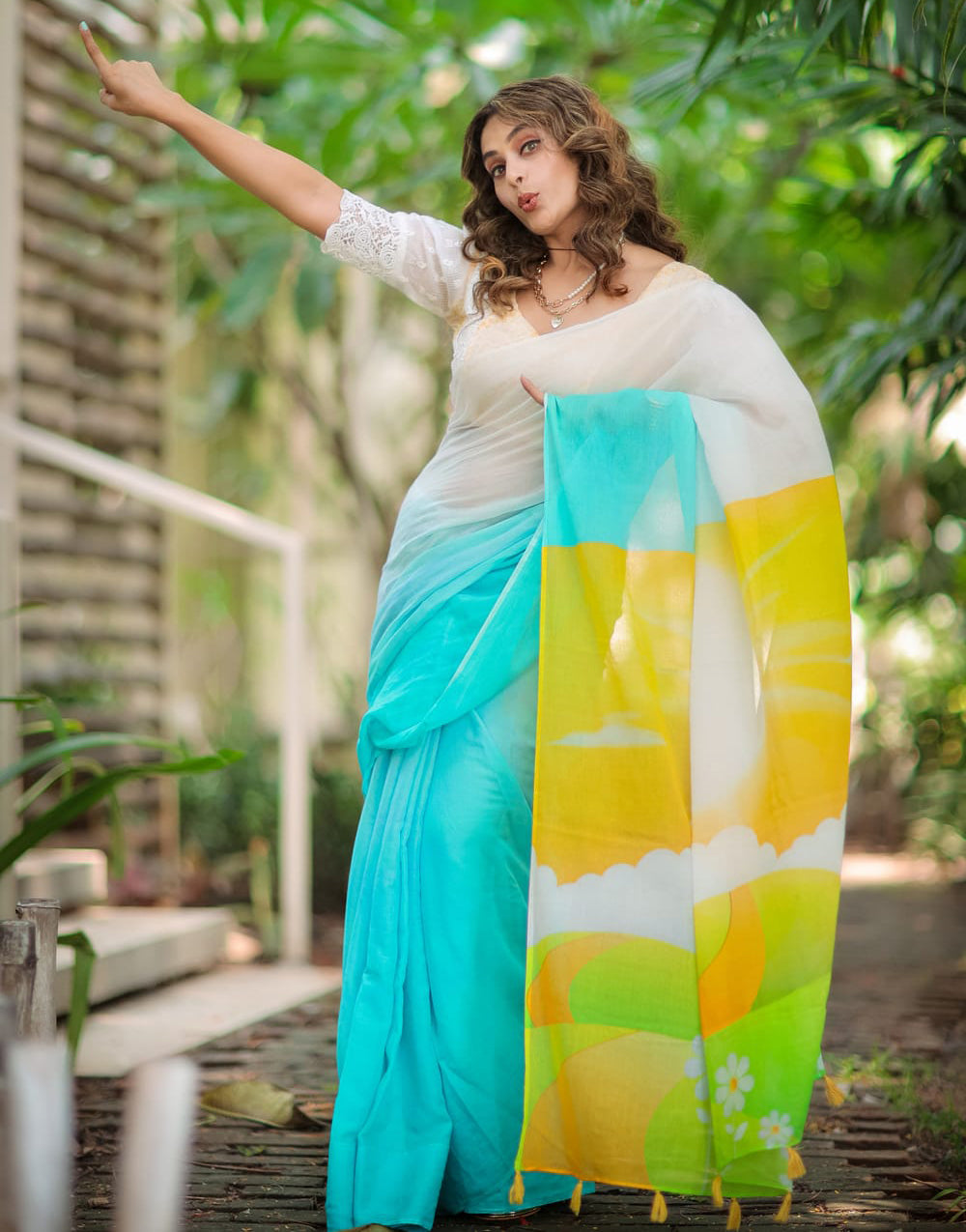 Multi Linen Saree With Printed Work & Sequence Blouse