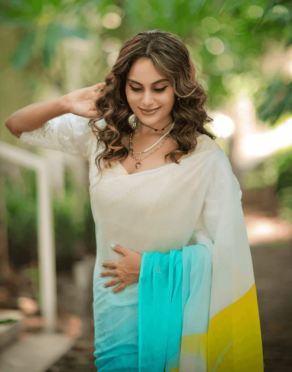 Multi Linen Saree With Printed Work & Sequence Blouse