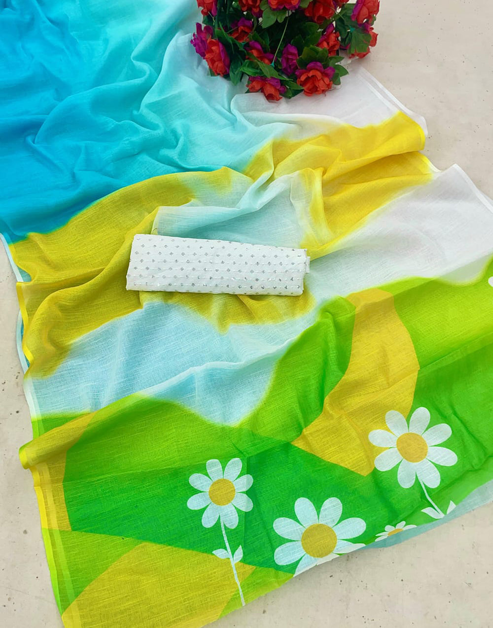 Multi Linen Saree With Printed Work & Sequence Blouse